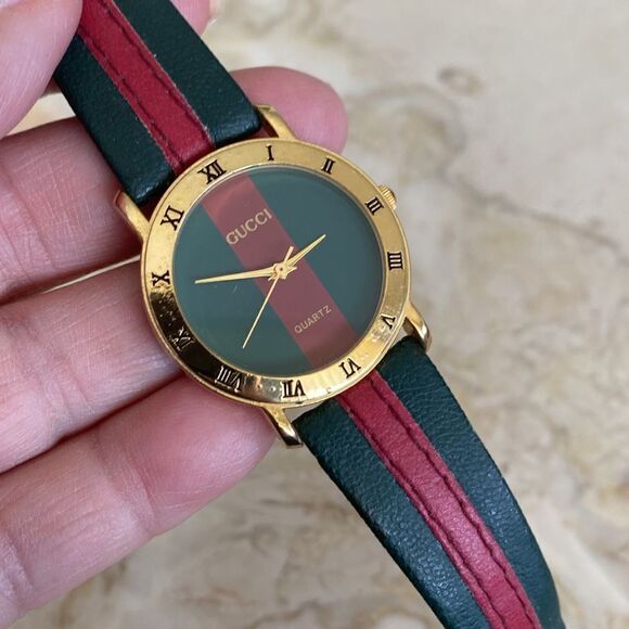 Three Red & Green Gold Tone Watches Leather Bands - Picture 15 of 16